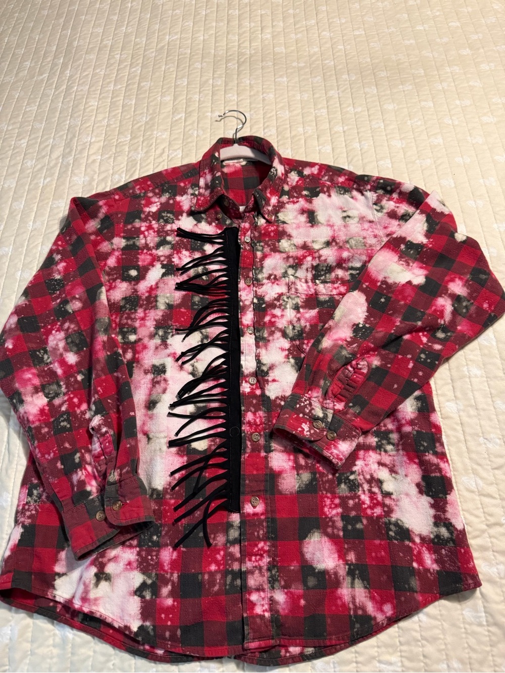 Womens Red Black Plaid Fringe Button-Up Shirt Jacket